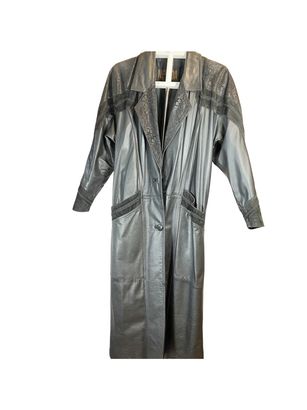Nevada Blue Leather Trench Coat Paisly Jacquard Woman S LONG ~47" Embroider Trim